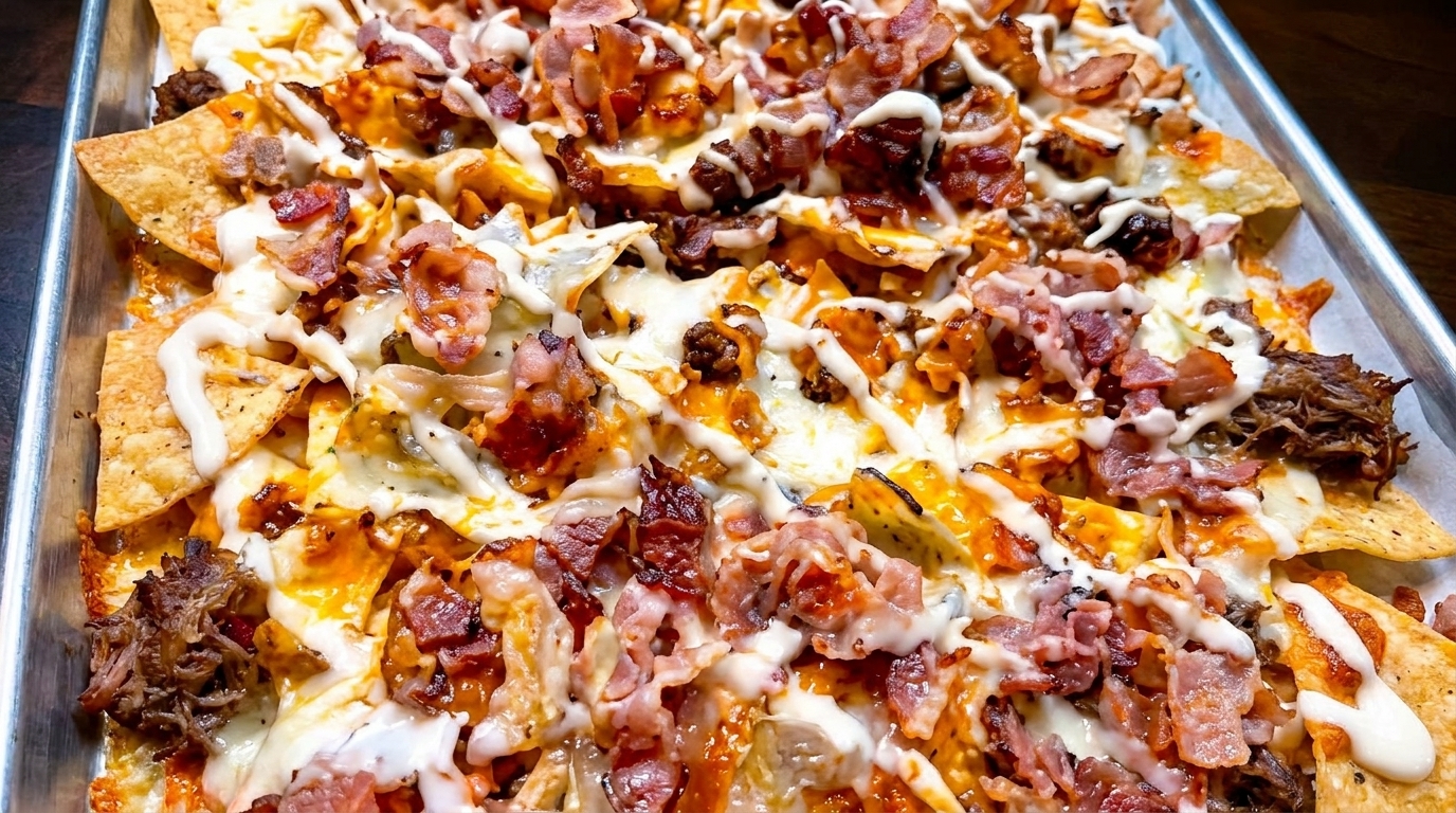 Close-up of loaded nachos with melted cheese, bacon, and pulled pork on a metal tray.