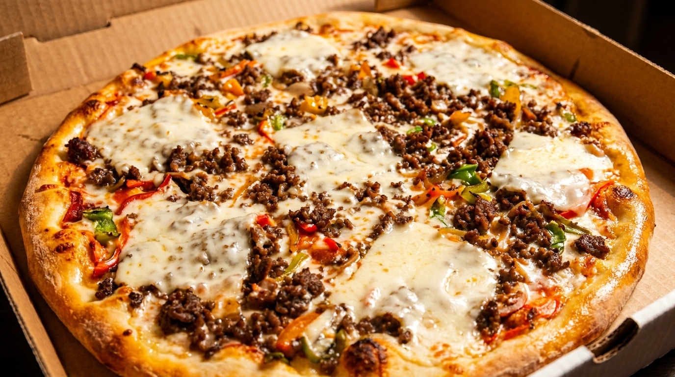 A whole pizza with ground meat, melted cheese, and colorful bell peppers in a cardboard box.