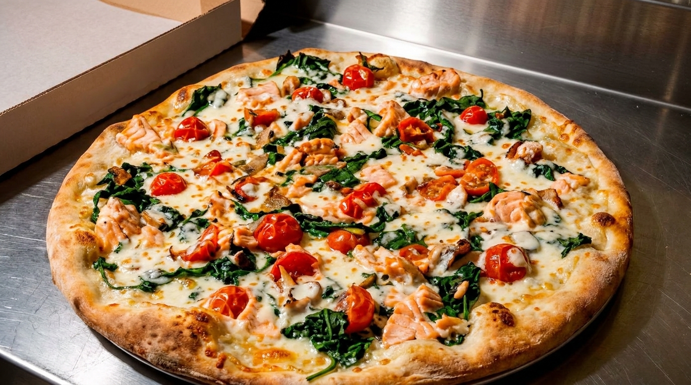 A freshly baked pizza with salmon, spinach, cherry tomatoes, and melted cheese on a metal surface.