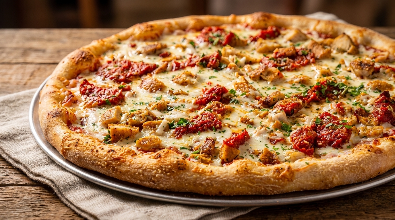 Close-up of a chicken and sun-dried tomato pizza on a metal pan, on a rustic wooden table.