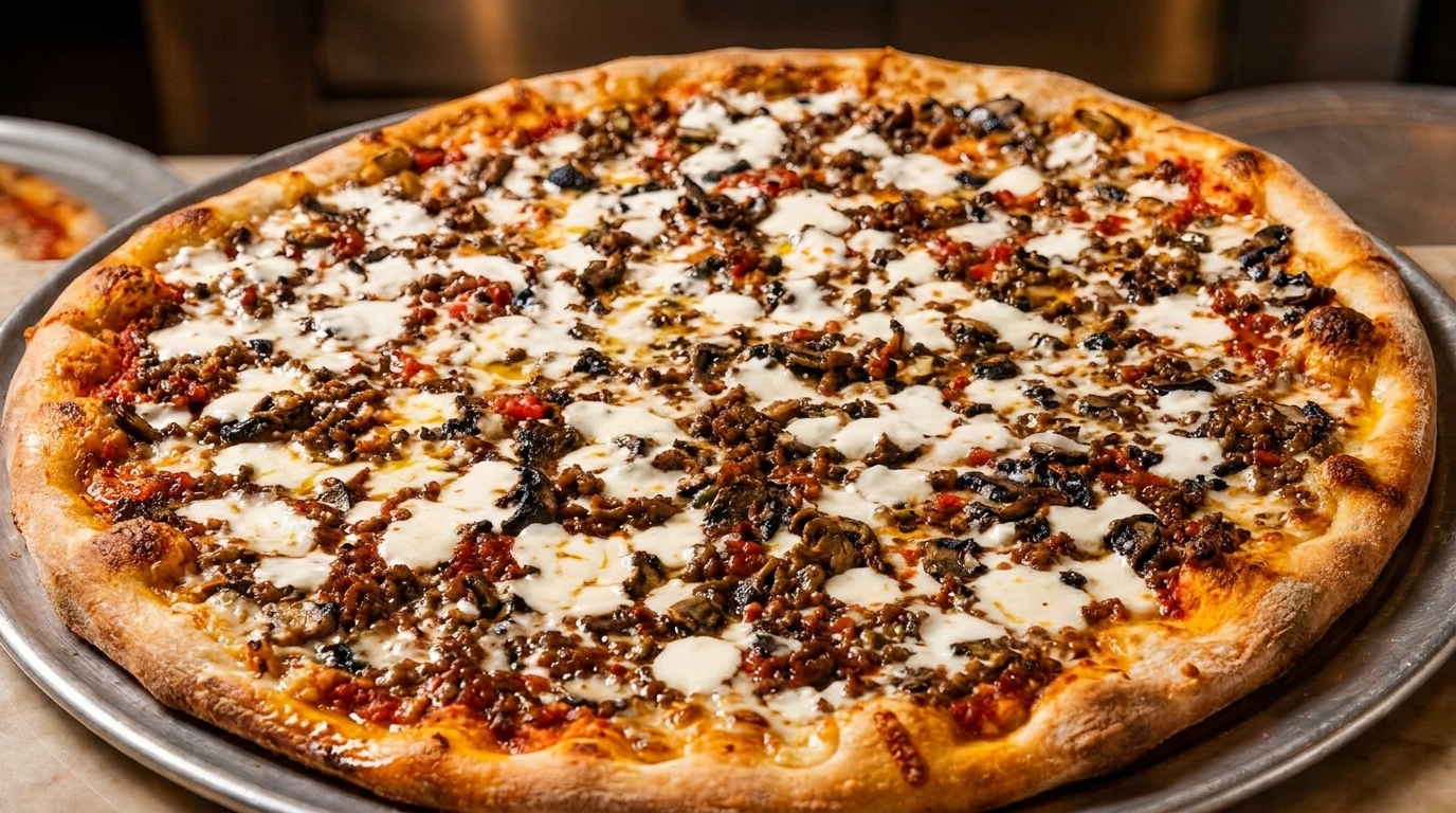 A whole pizza with crumbled sausage, mushrooms, and dollops of melted mozzarella cheese on a metal pan.