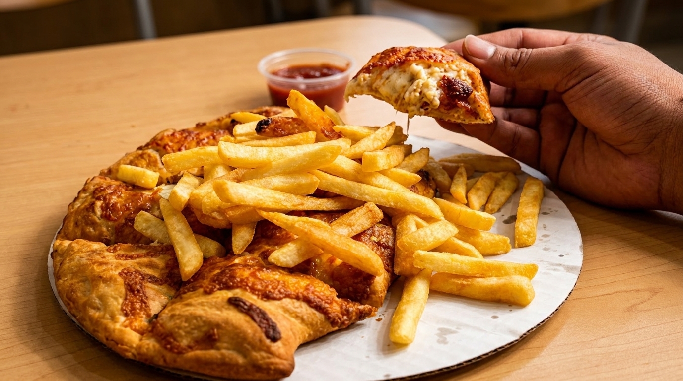 A hand holds a cheesy pizza slice over a pizza and fries on a cardboard tray.
