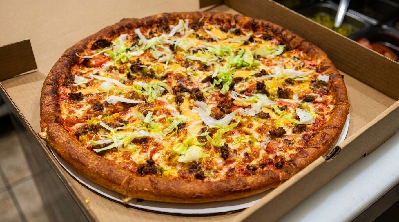 A large, freshly baked pizza with ground beef, cheese, lettuce, and a special sauce in a box.