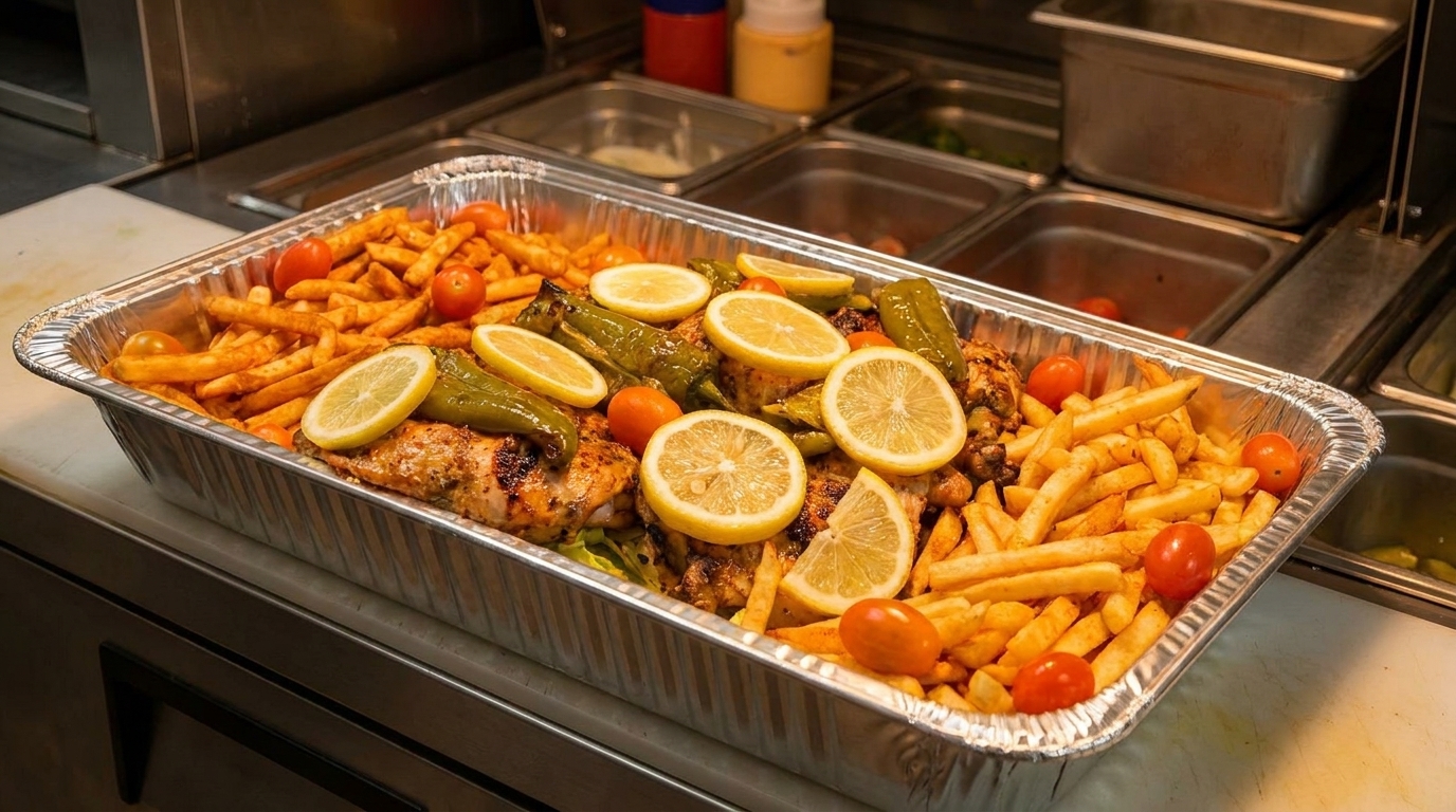 A large foil tray filled with grilled chicken, french fries, cherry tomatoes, peppers, and lemon slices.