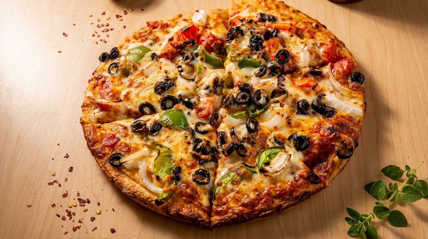 A freshly baked pizza with black olives, green peppers, onions, and tomatoes on a wooden surface.