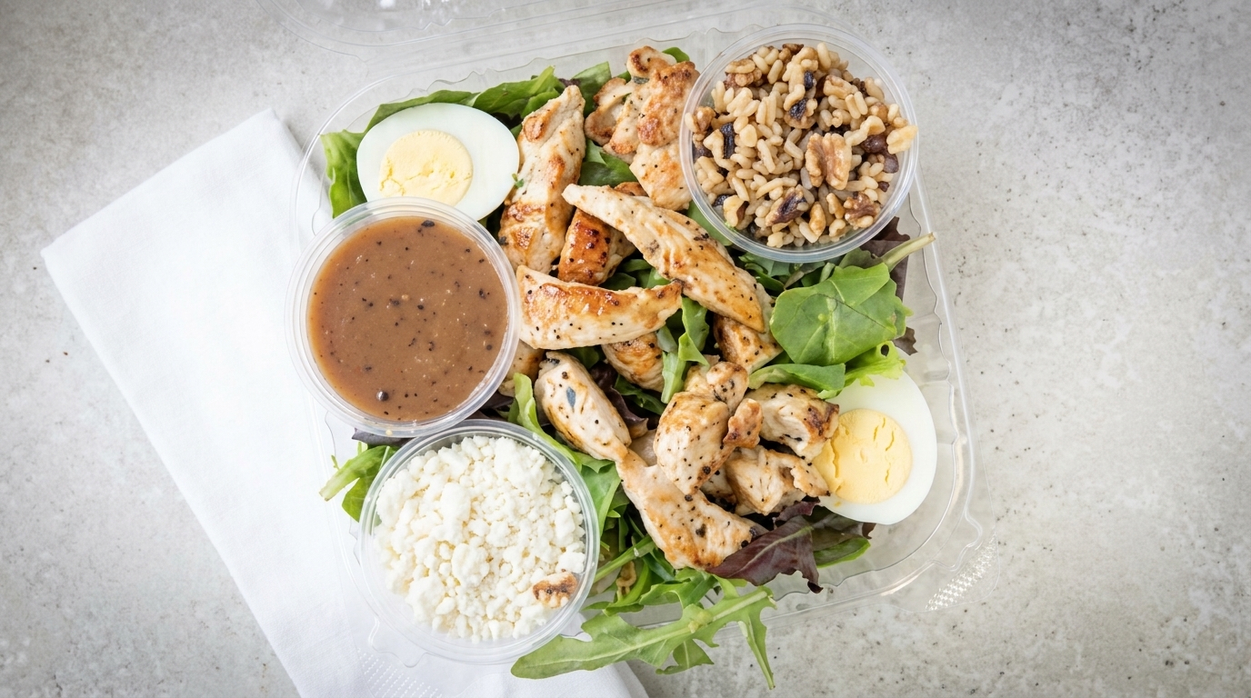 Overhead view of a grilled chicken salad with dressing, feta, and walnuts in a plastic container.