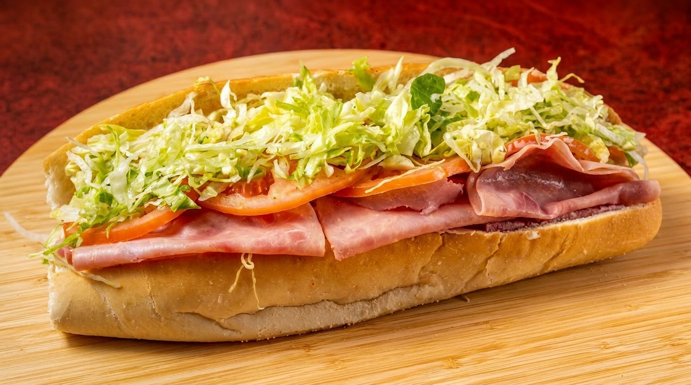 A large deli sub sandwich with ham, salami, tomatoes, and shredded lettuce on a wooden board.