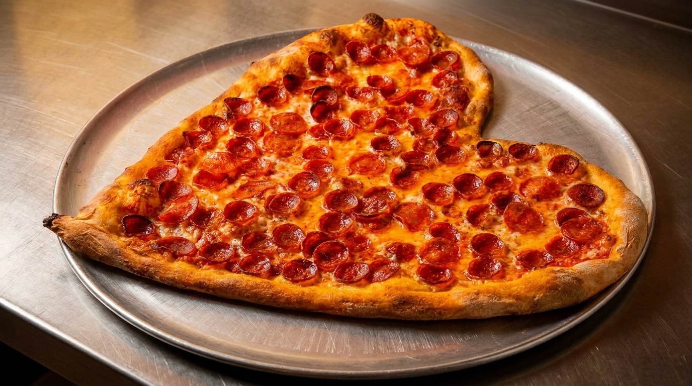 Heart-shaped pepperoni pizza on a metal tray, with melted cheese and a golden crust.