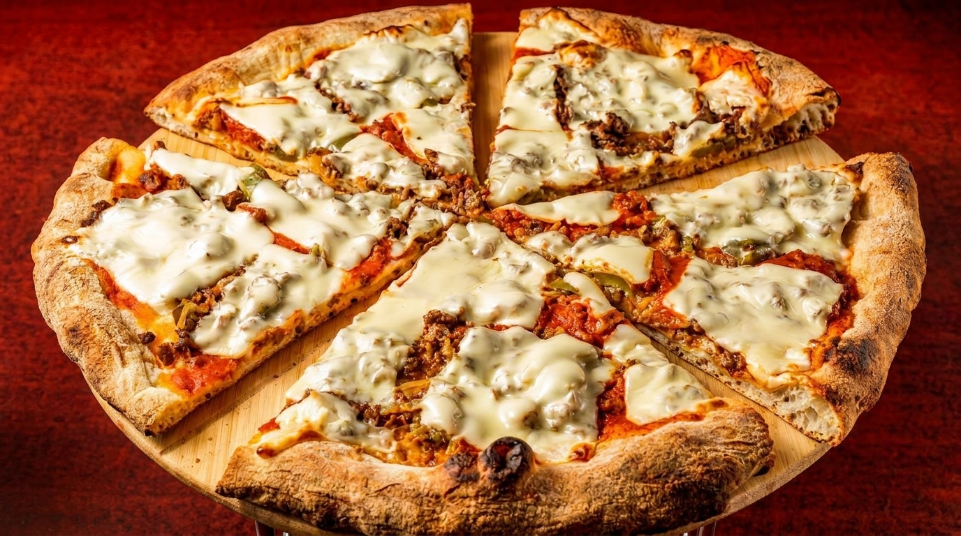 A whole pizza, cut into eight slices, topped with melted cheese, ground meat, and green peppers.