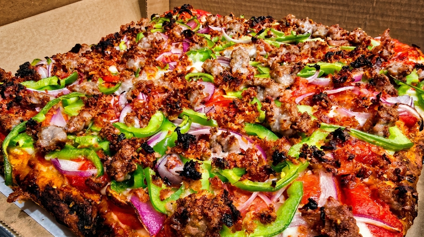 Close-up of a Detroit-style pizza with sausage, green peppers, and red onions in a box.