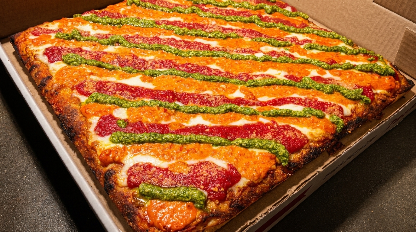 Square pizza with alternating stripes of red sauce, orange sauce, and green pesto in a box.