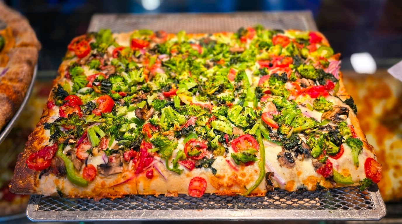 A rectangular Sicilian pizza with broccoli, tomatoes, mushrooms, and peppers on a metal rack.