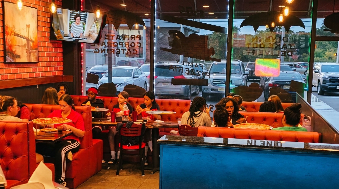 Customers, including many young people, enjoy pizza and drinks in a casual restaurant with red booths.