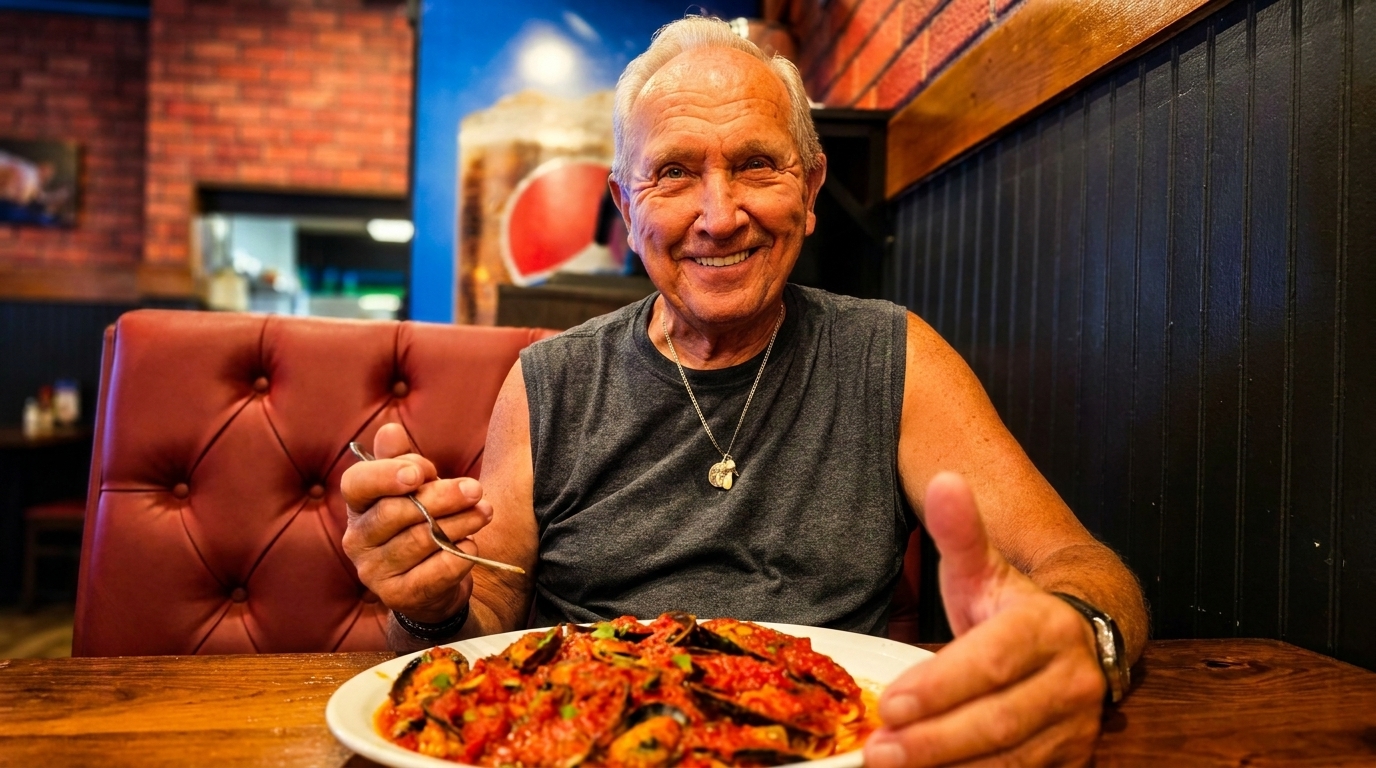 Smiling man in a gray tank top with a plate of mussels in red sauce at a restaurant.