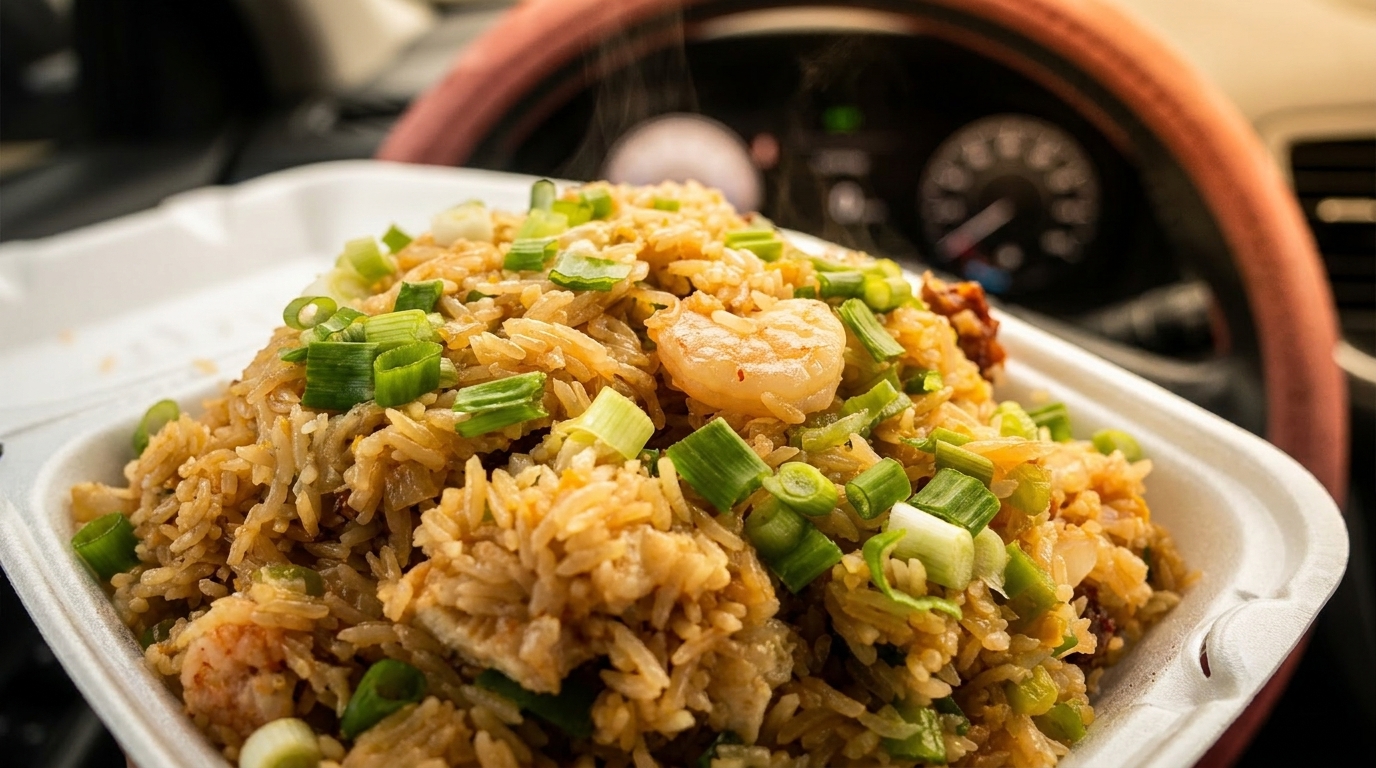 Steaming shrimp fried rice with green onions in a takeout container inside a car.