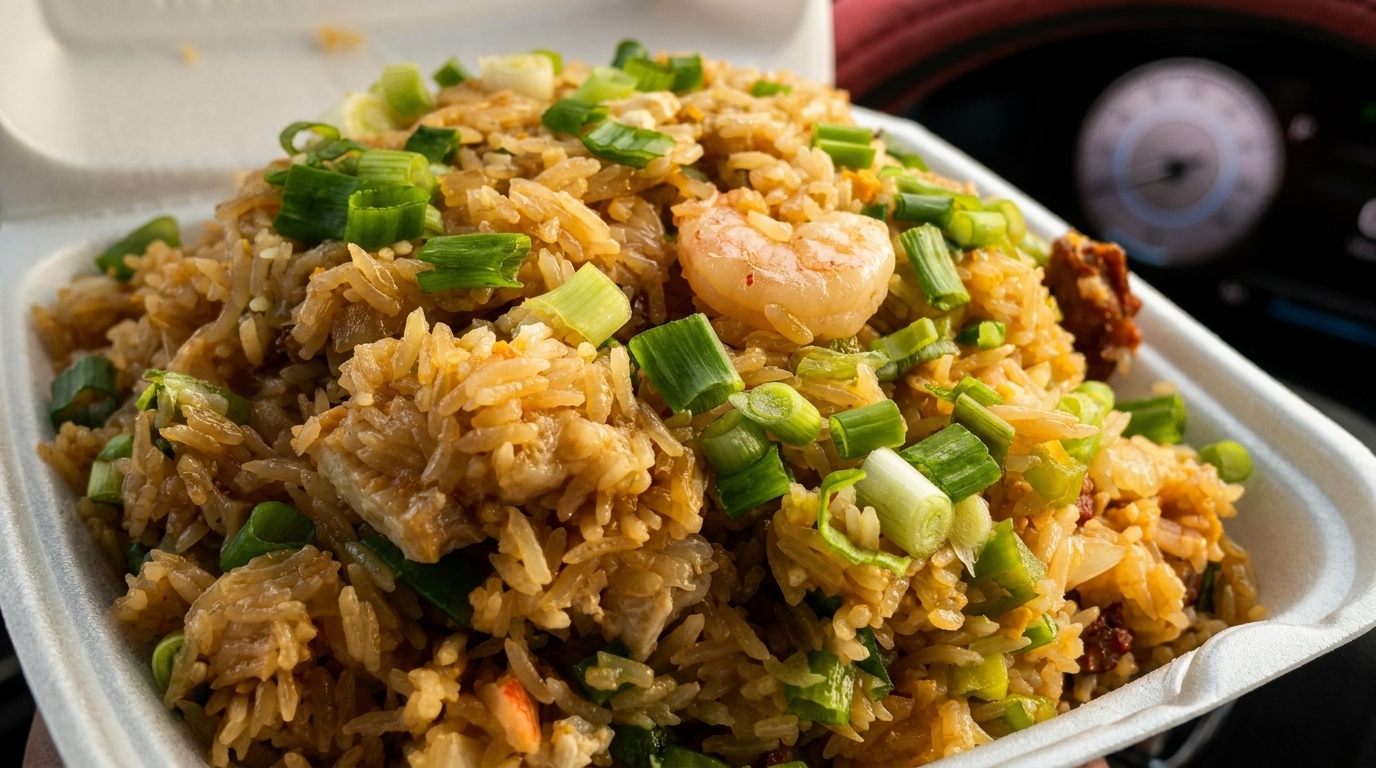 Close-up of shrimp fried rice with green onions in a white takeout container.