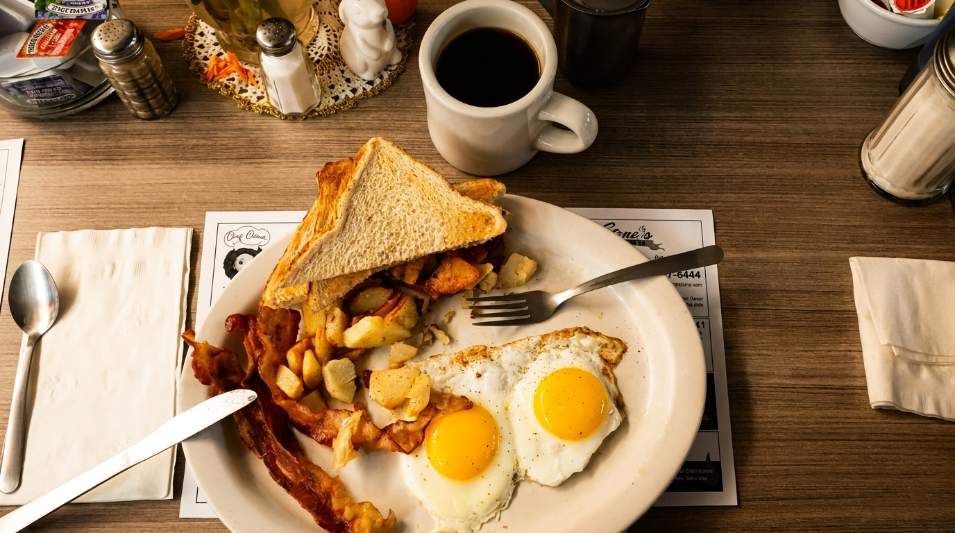 A diner breakfast with fried eggs, bacon, home fries, toast, and coffee on a wooden table.