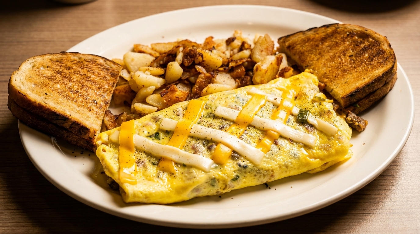 A breakfast plate with a cheese omelet, home fries, and two slices of toast.