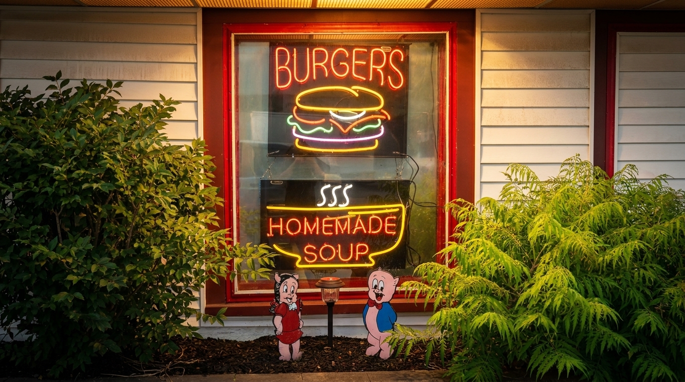 Neon sign in a window advertising "Burgers" and "Homemade Soup" with cartoon pig cutouts outside.