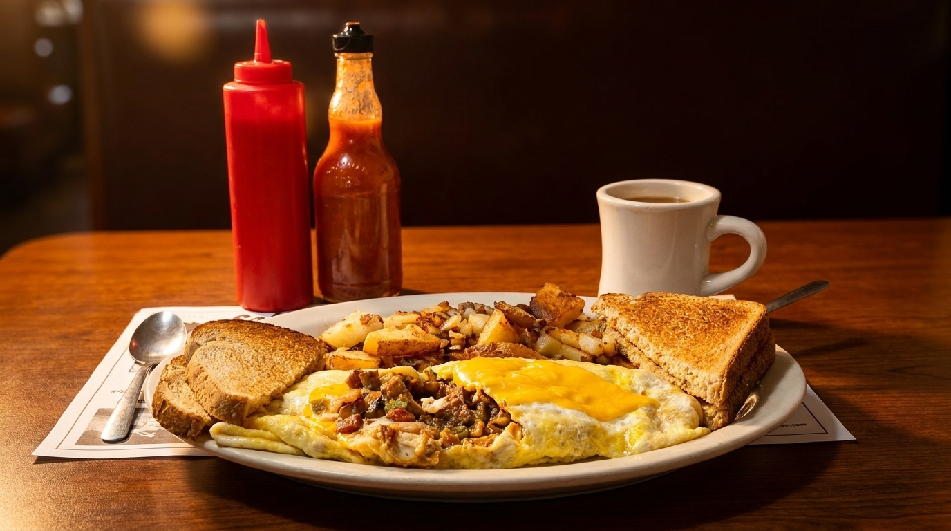 Hearty breakfast plate with an omelet, home fries, toast, coffee, ketchup, and hot sauce.