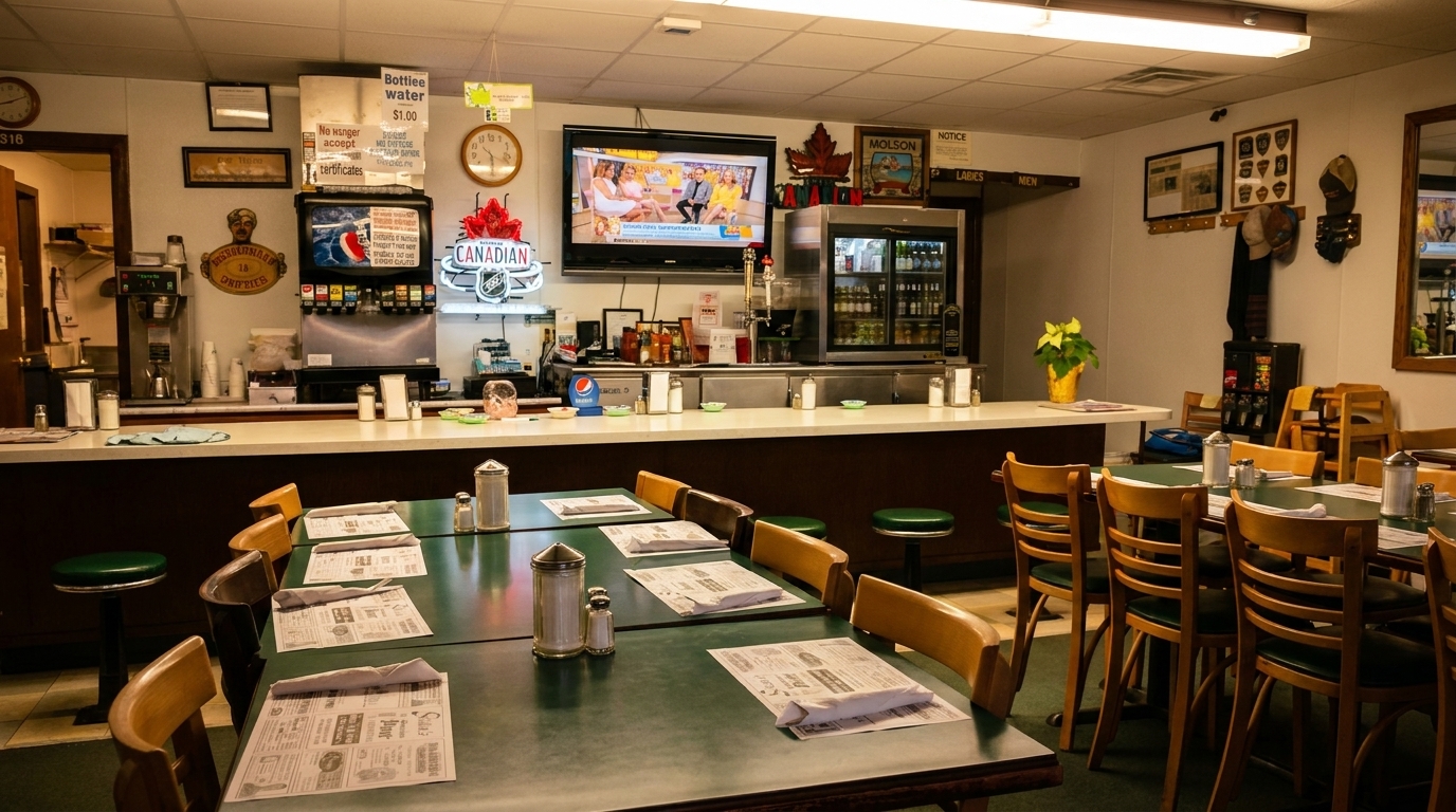 Interior of a diner with green-topped tables, wooden chairs, a long counter with stools, and TVs.