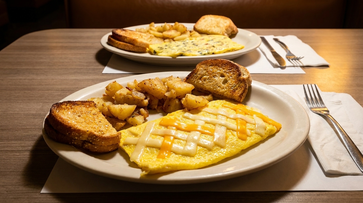 Two plates of breakfast with omelets, home fries, and toast on a wooden table.
