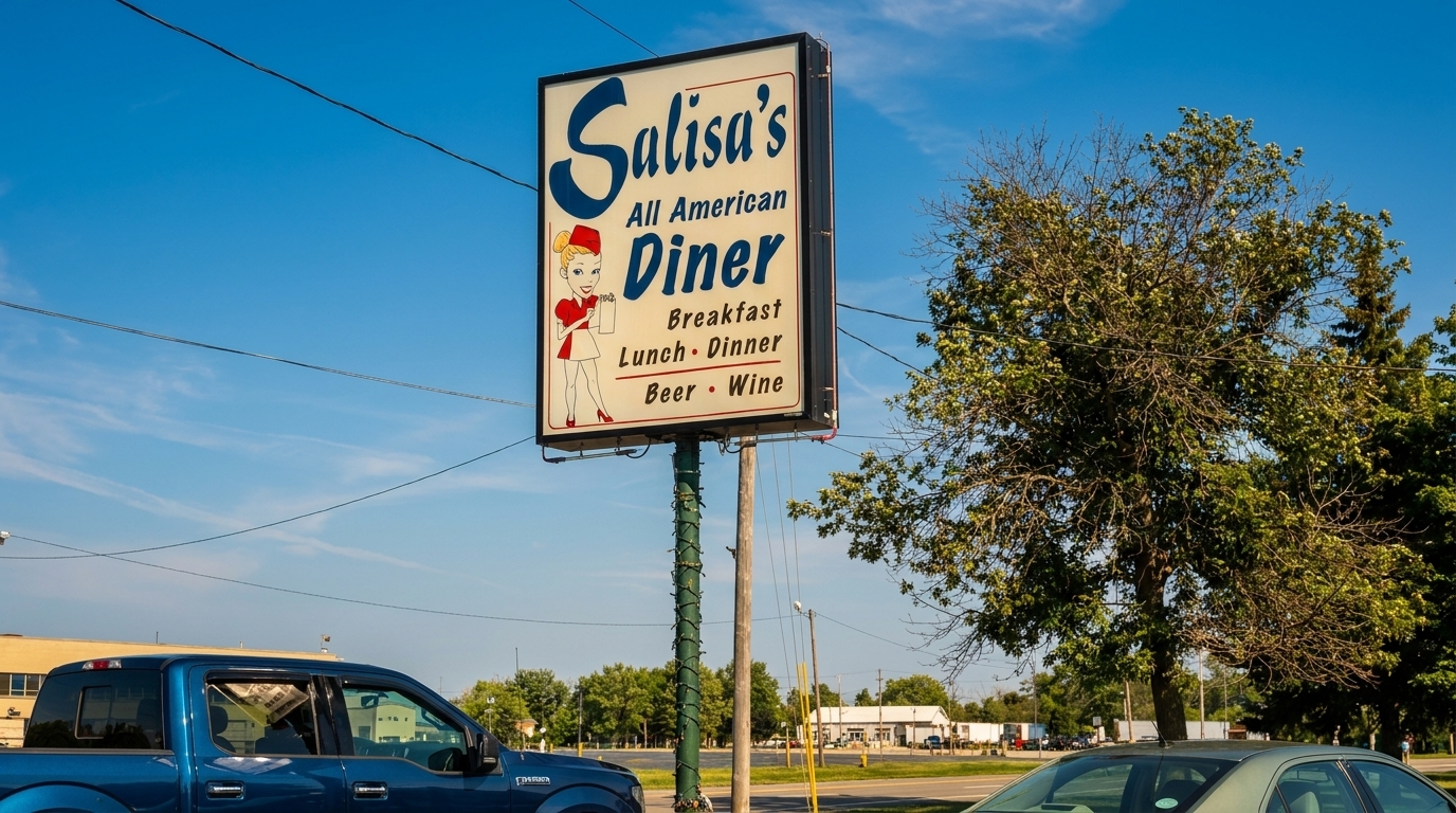 Salisa's All American Diner sign with a cartoon waitress, blue sky, trees, and cars.