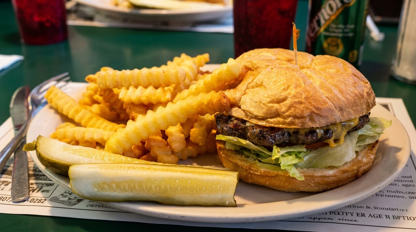 A cheeseburger with crinkle-cut fries and a pickle spear on a white plate.