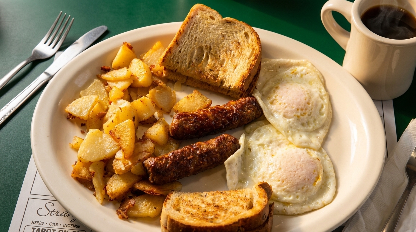 A diner breakfast plate with fried eggs, sausage, home fries, toast, and a cup of coffee.