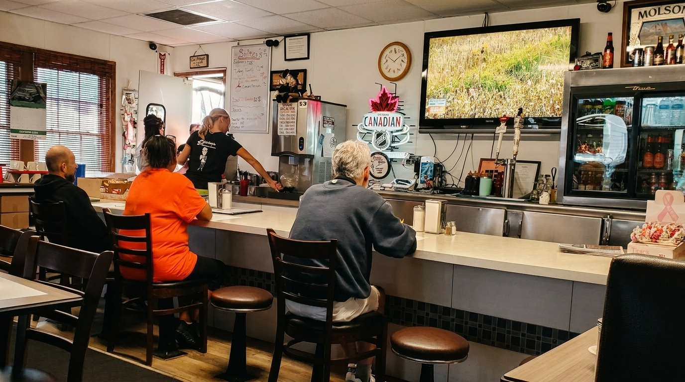 Diners seated at a long counter in a casual restaurant, with a server behind the counter.