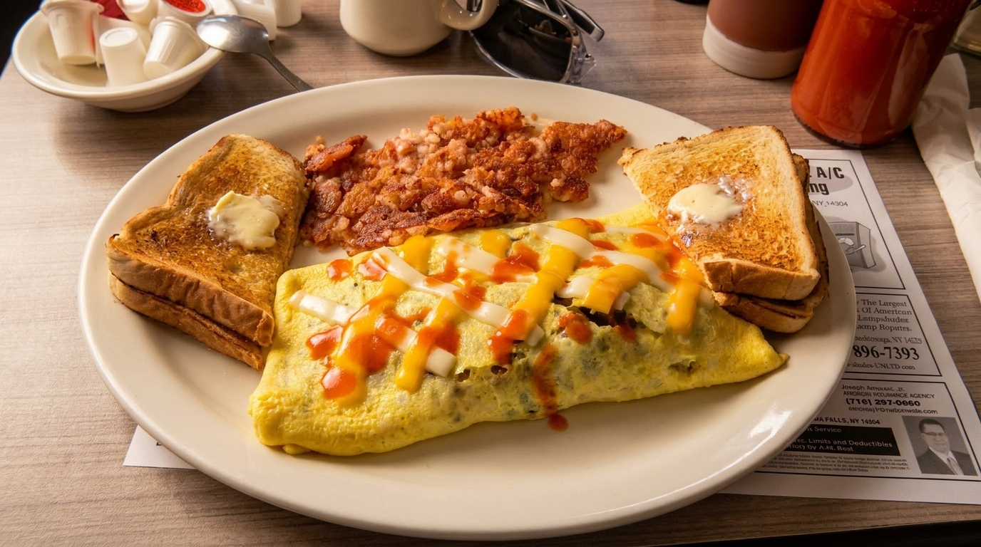 A diner breakfast with a cheese omelet, hash browns, and buttered toast on a white plate.
