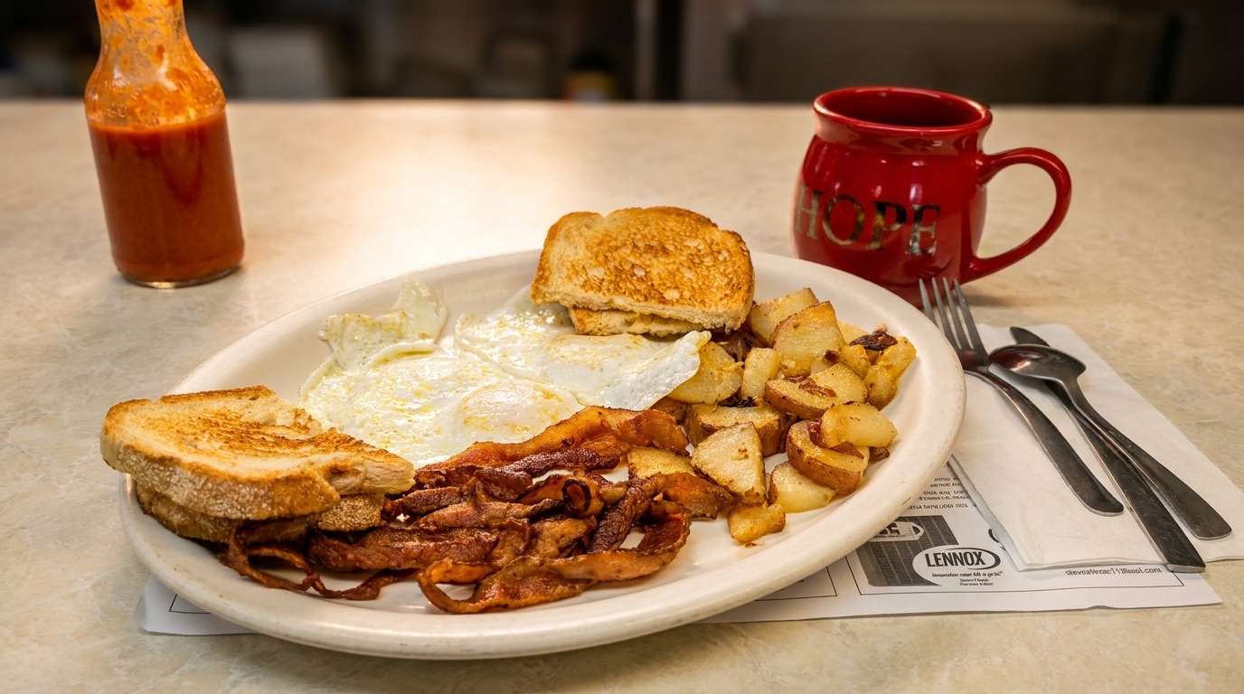 A diner breakfast with fried eggs, crispy bacon, home fries, and toast, with a red mug and hot sauce.