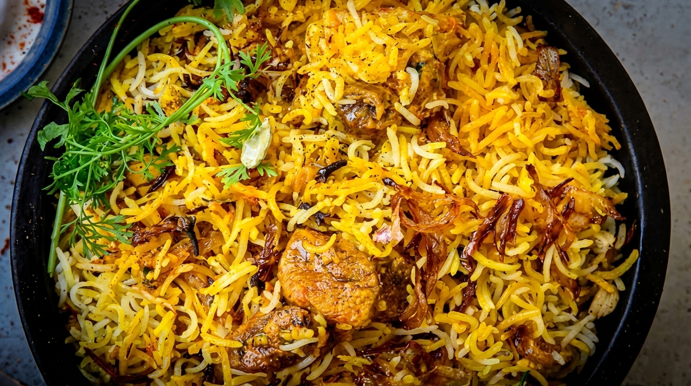 Close-up of a black bowl filled with yellow biryani rice, meat, and fresh cilantro.