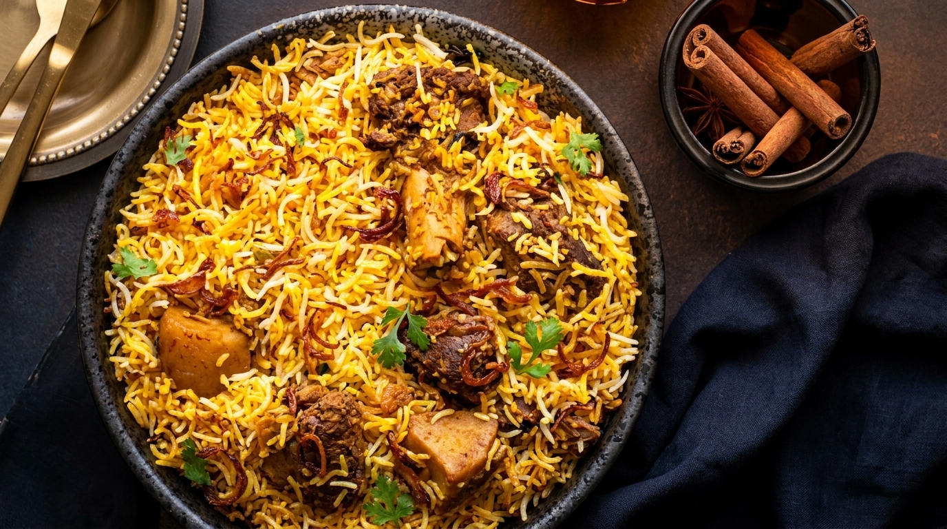 Close-up of a large bowl of biryani with rice, meat, fried onions, and cilantro.