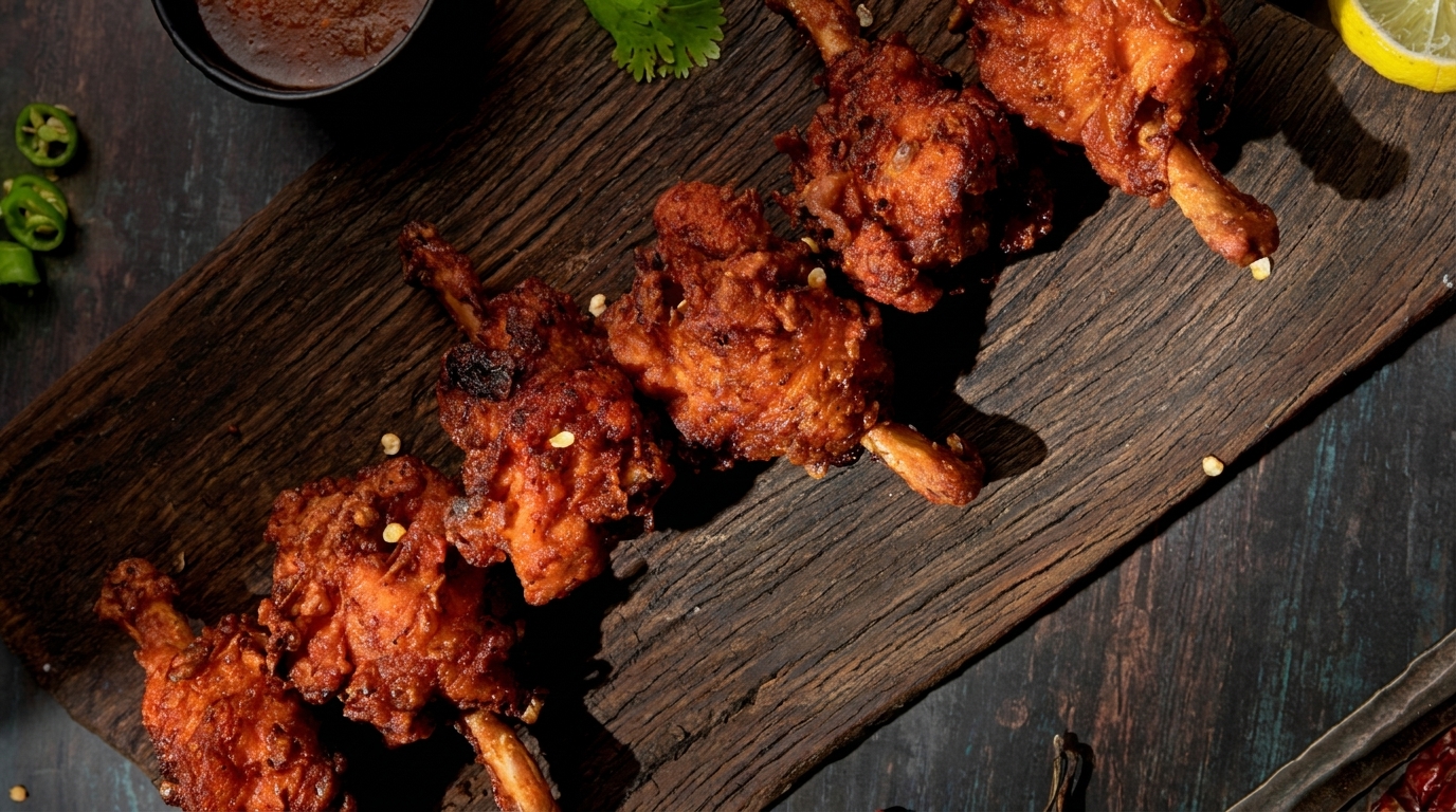 Crispy fried chicken drumettes, or lollipops, on a rustic wooden board with dipping sauce and lime.