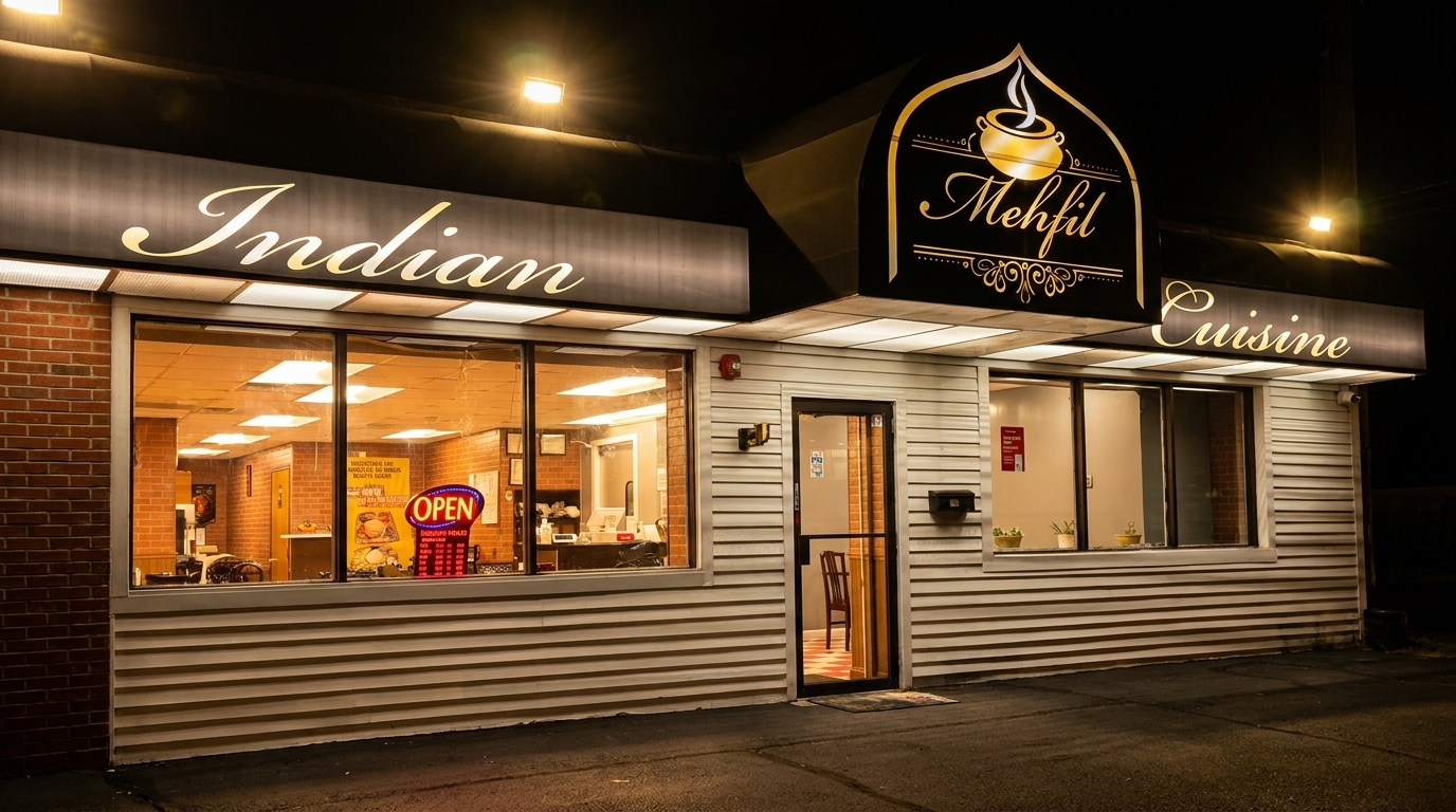 Exterior of Mehfil Indian Cuisine at night, with illuminated signs and an "OPEN" neon sign visible.