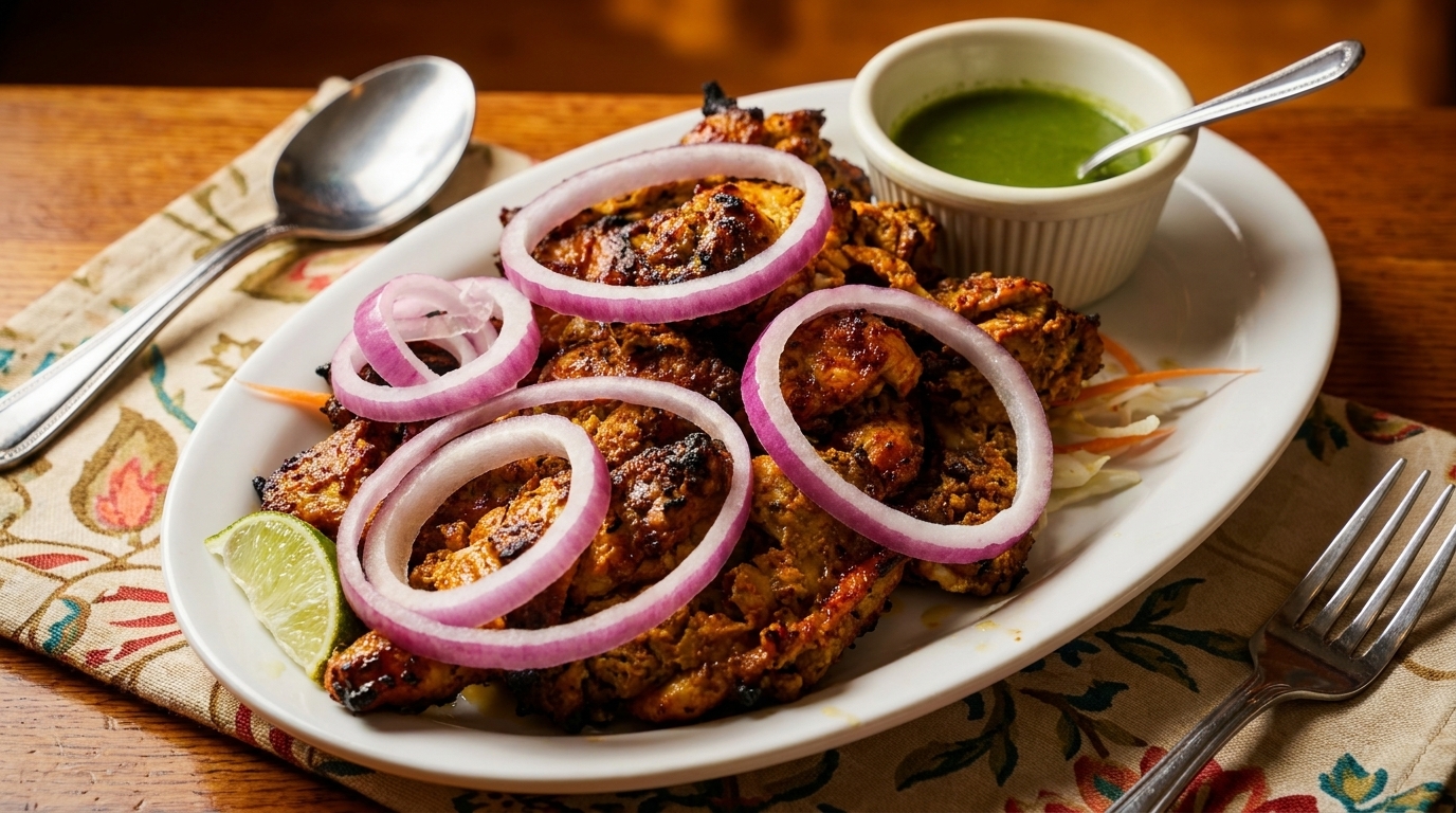 Grilled chicken tikka with red onion rings, lime, and green chutney on a white plate.