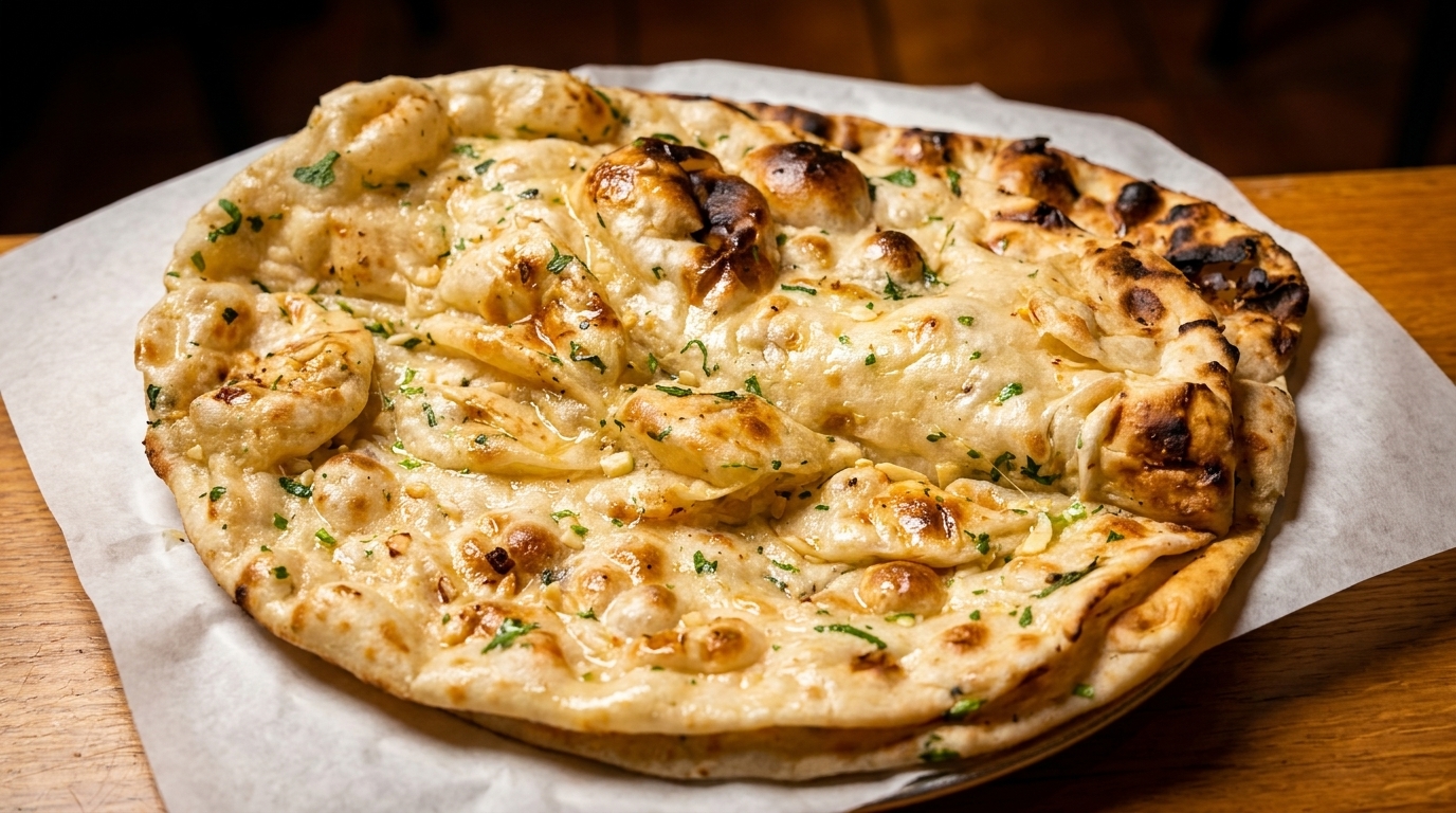 Golden-brown garlic naan bread, speckled with green herbs, rests on white parchment paper.