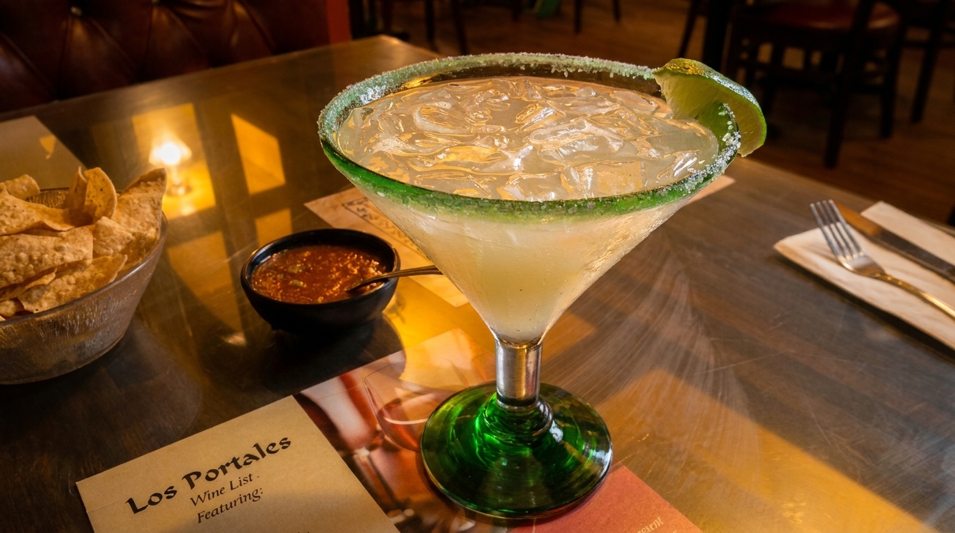 A margarita with a lime wedge and salted rim, alongside chips and salsa on a wooden table.