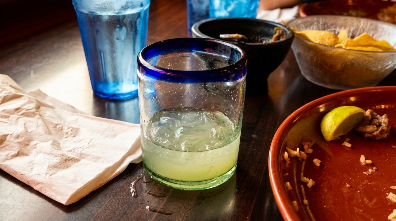 Half-empty margarita glass on a wooden table with a napkin, blue glass, and food remnants.