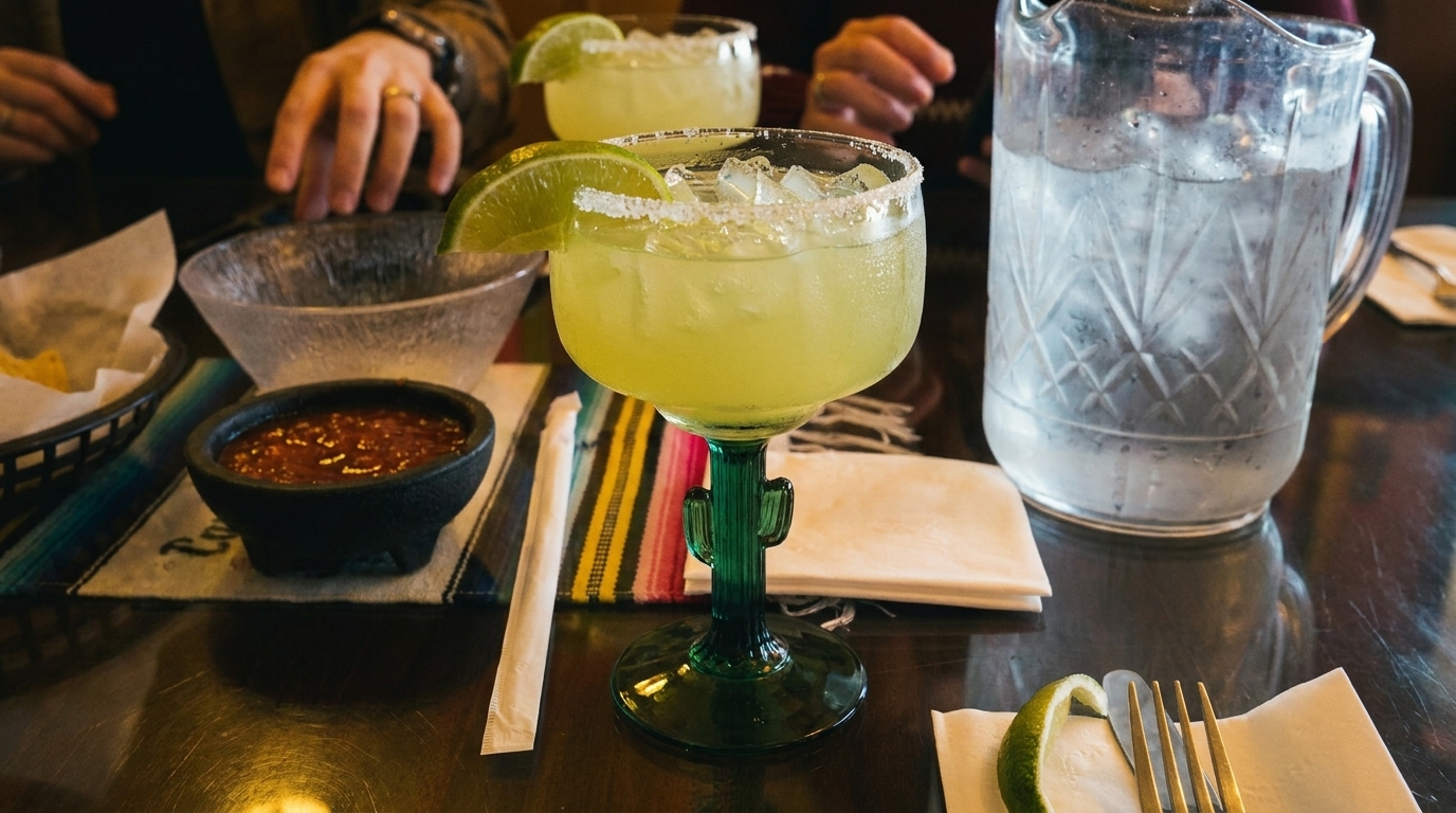 Two margaritas in cactus-stemmed glasses, salsa, and a water pitcher on a restaurant table.
