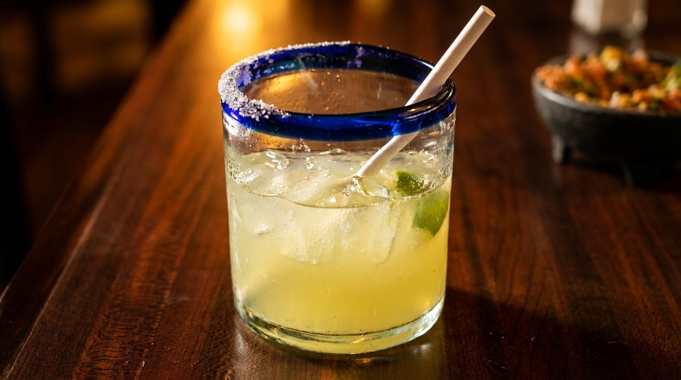 Margarita with a salted rim, lime, and straw on a wooden table with salsa in the background.
