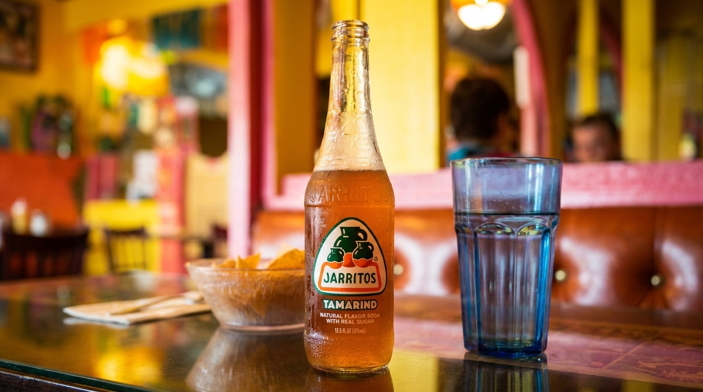 Jarritos Tamarind soda bottle, a glass of water, and a bowl of chips on a restaurant table.