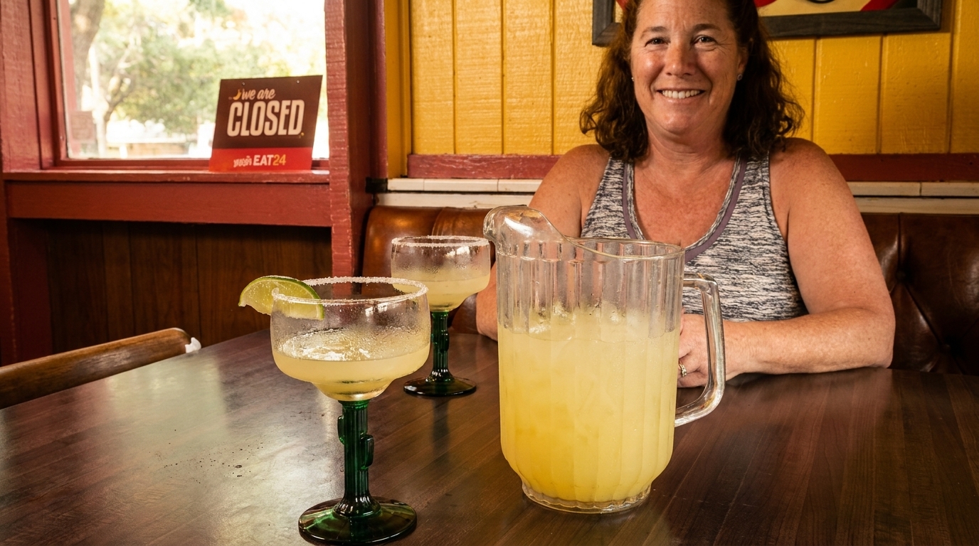 Smiling woman with a pitcher and two glasses of margaritas on a wooden table.