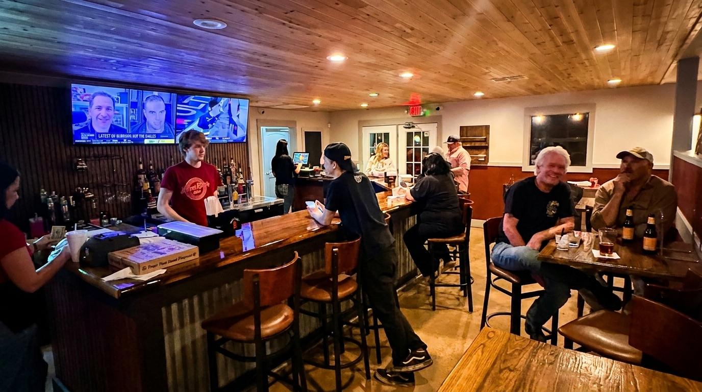 A lively bar scene with patrons seated at the bar and tables, enjoying drinks and conversation.