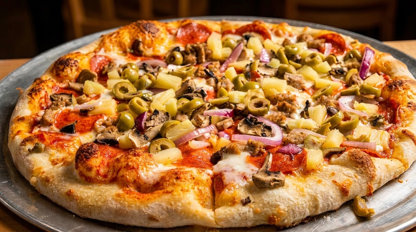 A whole pizza with pepperoni, sausage, mushrooms, olives, pineapple, and red onions on a metal pan.