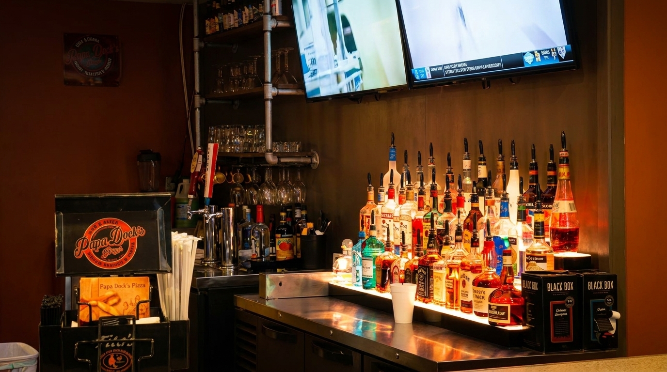 A well-stocked bar at Papa Dock's, with liquor bottles, glasses, and two TVs above.