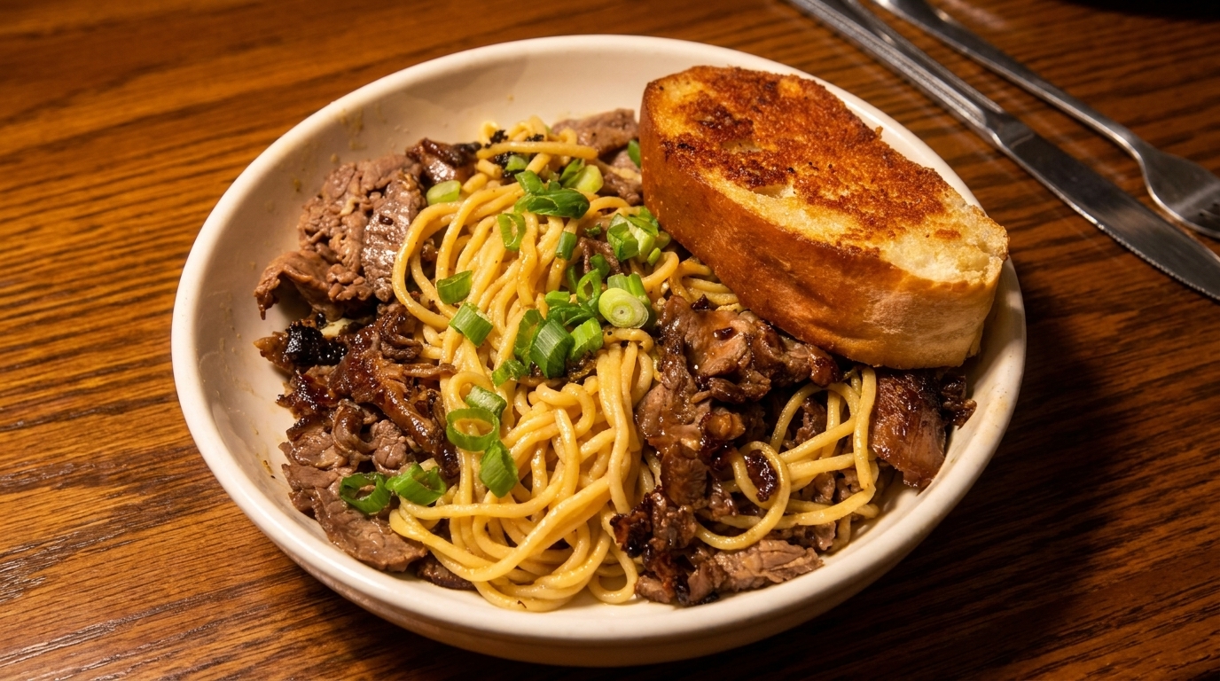 A bowl of spaghetti with sliced beef, caramelized onions, green onions, and a slice of garlic bread.