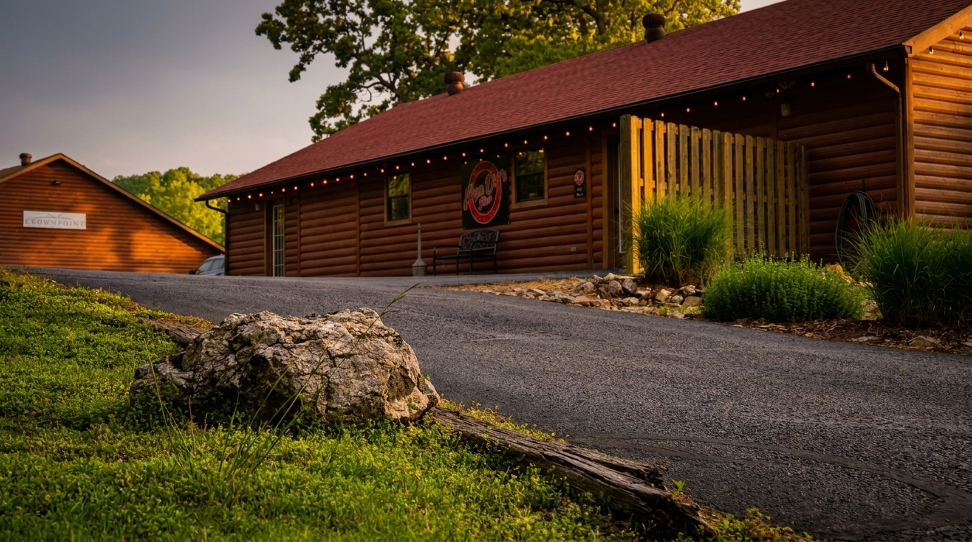 Two rustic log cabin buildings with red roofs, surrounded by green grass and trees under a warm sky.