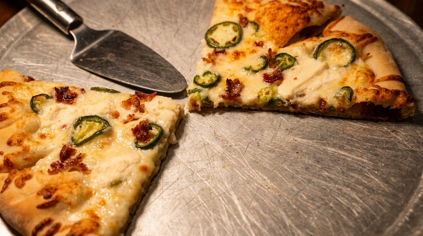 Two slices of white pizza with jalapeños and bacon bits on a metal tray with a server.